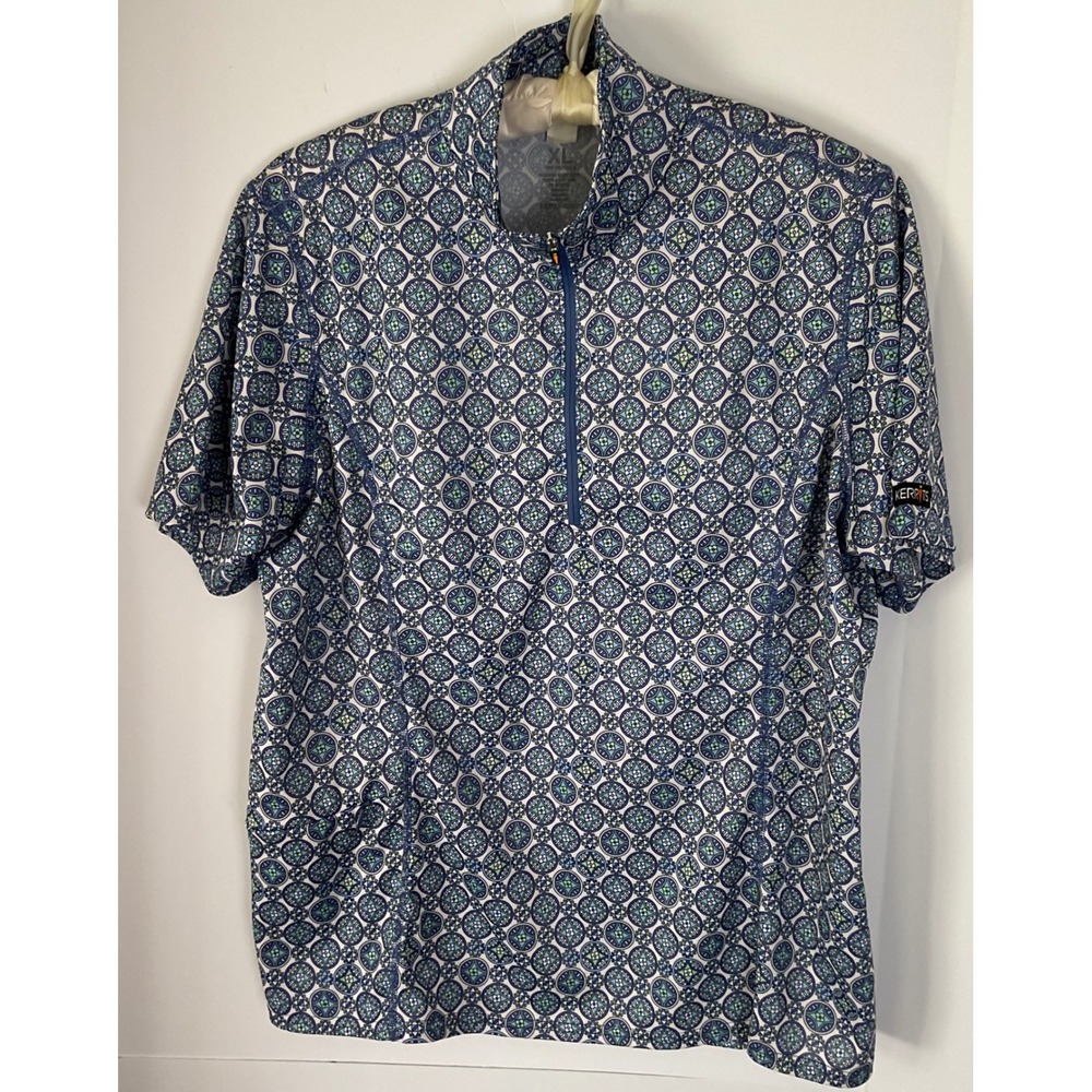 Kerrits Womens XL Blue Green Geometric Tile Print Quarter Zip Riding Top Shirt